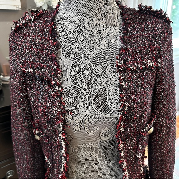 Zara Basic Tweed Longline Coat Jacket XS Black Red Fringe Bouclé - Picture 3 of 16